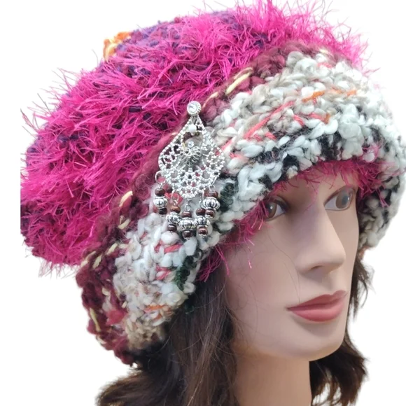 Handmade crochet colorful warm multi-fiber boho hats 